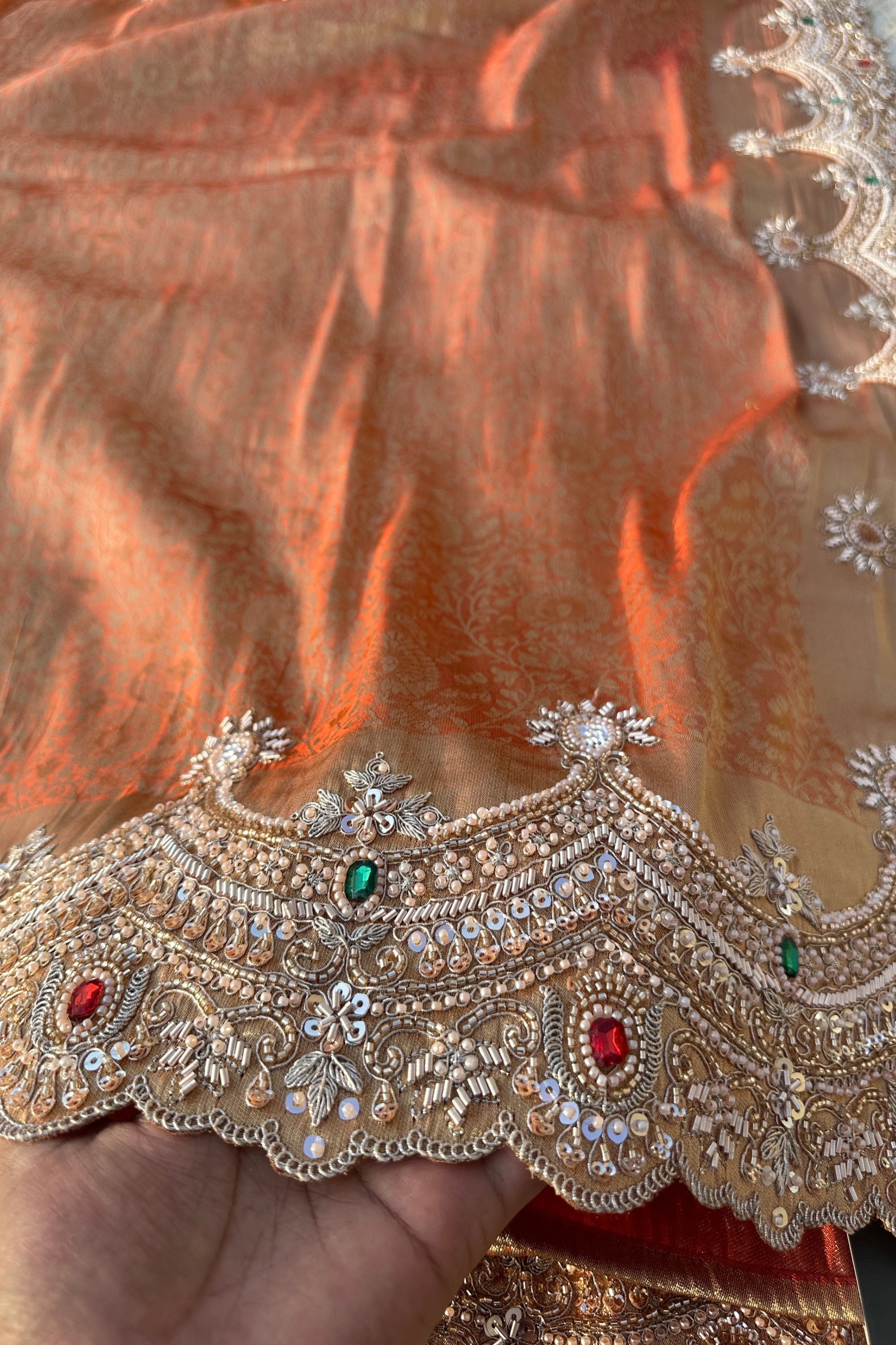 Rust Tissue Unstitched Saree Embellished With Moti, Sequins, Dabka & Cutdana