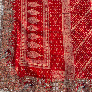 Red Georgette Unstitched Saree Embellished With Zarkan, Sequins, Thread & Cutdana work