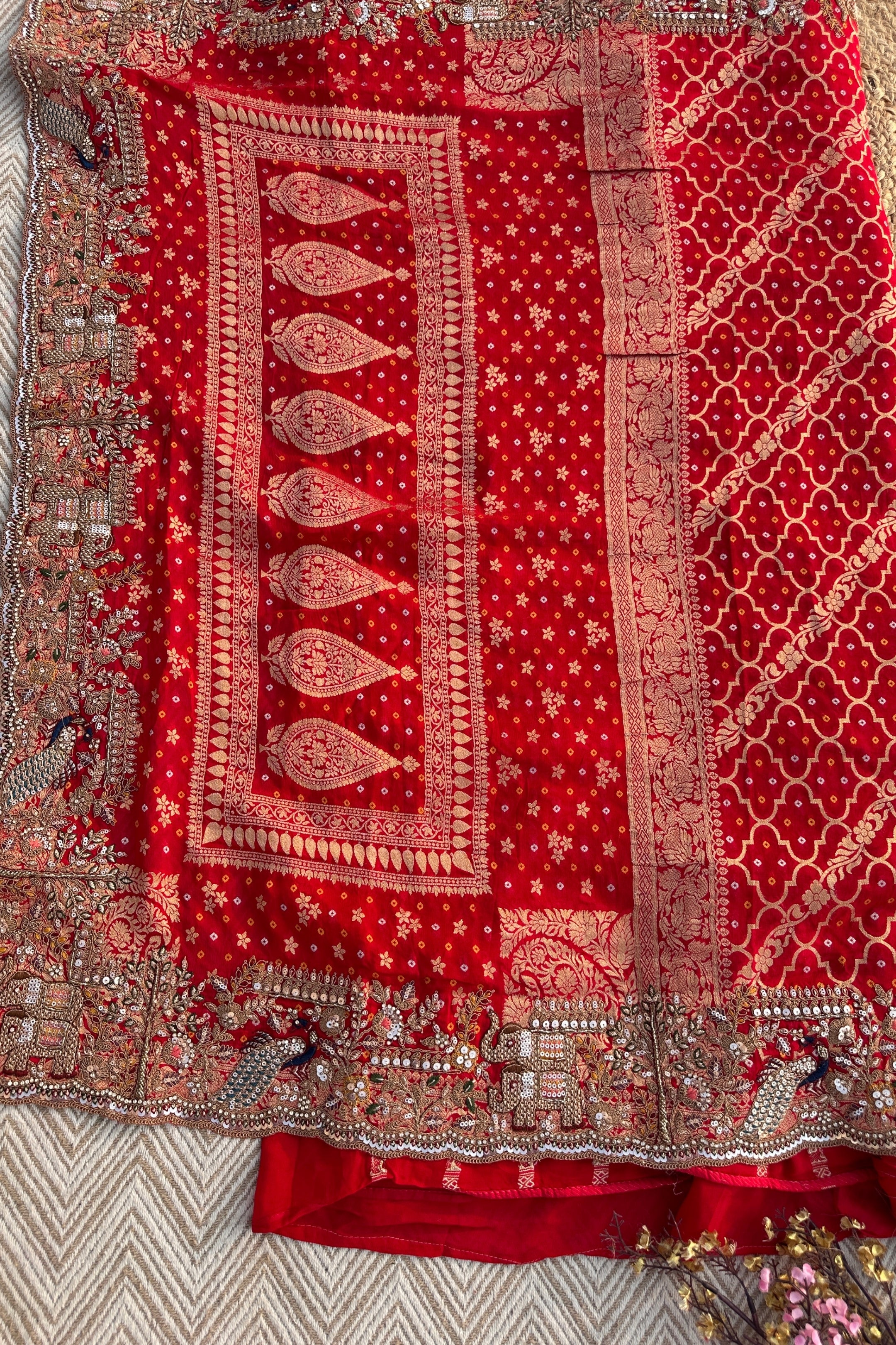Red Georgette Unstitched Saree Embellished With Zarkan, Sequins, Thread & Cutdana work