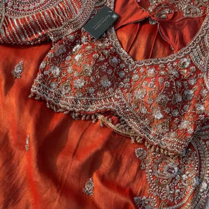 Orange Tissue Saree With Moti, Stone, Cutdana & Zari Work