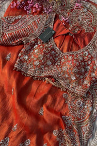 Orange Tissue Saree With Moti, Stone, Cutdana & Zari Work