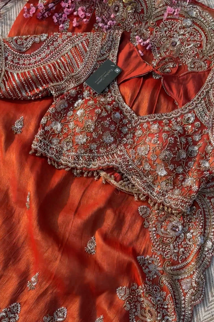 Orange Tissue Saree With Moti, Stone, Cutdana & Zari Work