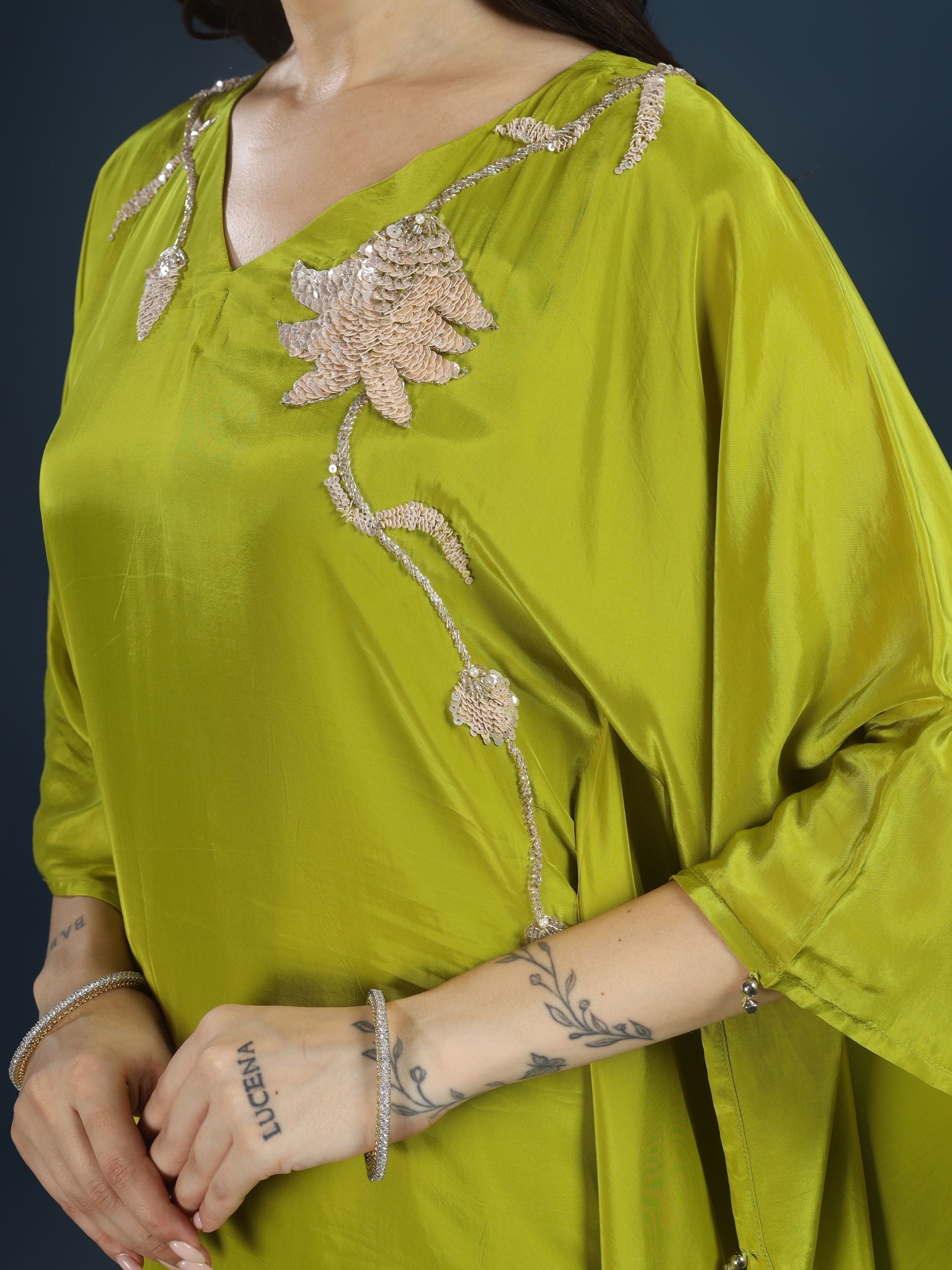 Green Crepe Indo Western with Cutdana, Sequins and Pearl Embroidery