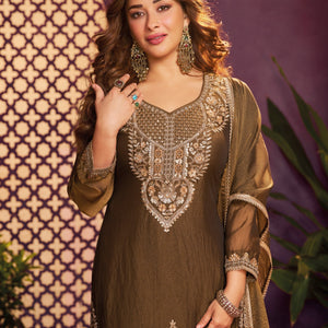 Coffee Tissue Suit, Farshi Salwar And Dupatta with Cutdana, Sequins and Zari Work