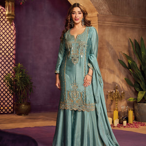 Dusty Teal Blue Chinon Suit, Sharara And Dupatta with Zari, Cutdana, Sequins and Mirror Work