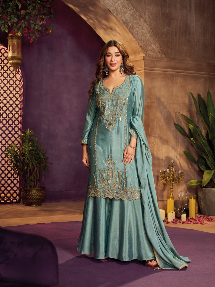 Dusty Teal Blue Chinon Suit, Sharara And Dupatta with Zari, Cutdana, Sequins and Mirror Work