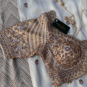 Golden Ivory Tissue Saree Embellished With Sequins, Moti & Cut Dana Work