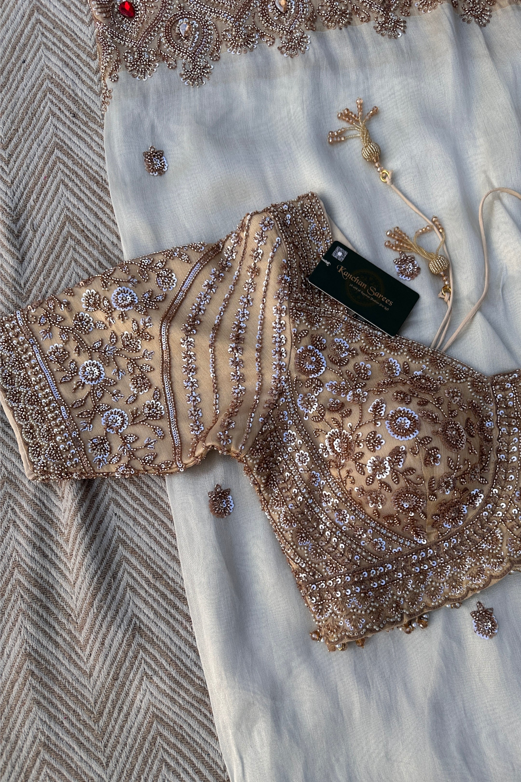 Golden Ivory Tissue Saree Embellished With Sequins, Moti & Cut Dana Work