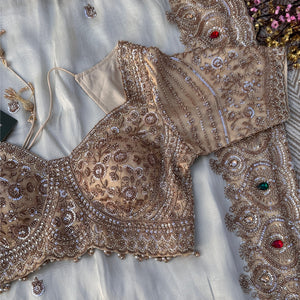 Golden Ivory Tissue Saree Embellished With Sequins, Moti & Cut Dana Work