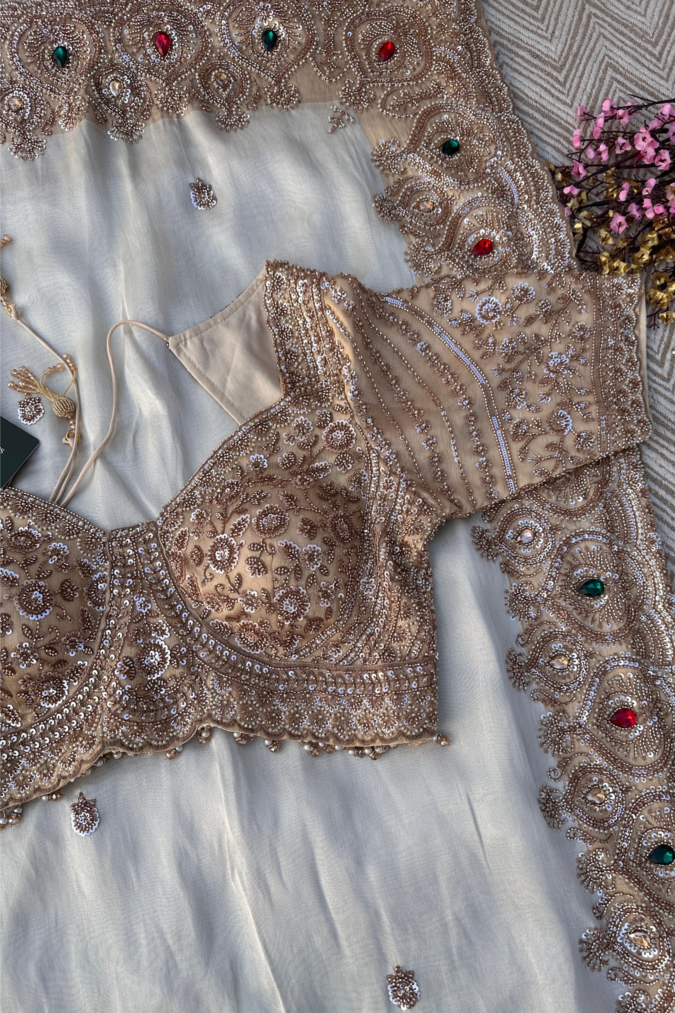 Golden Ivory Tissue Saree Embellished With Sequins, Moti & Cut Dana Work
