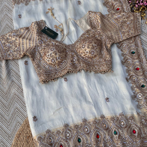 Golden Ivory Tissue Saree Embellished With Sequins, Moti & Cut Dana Work