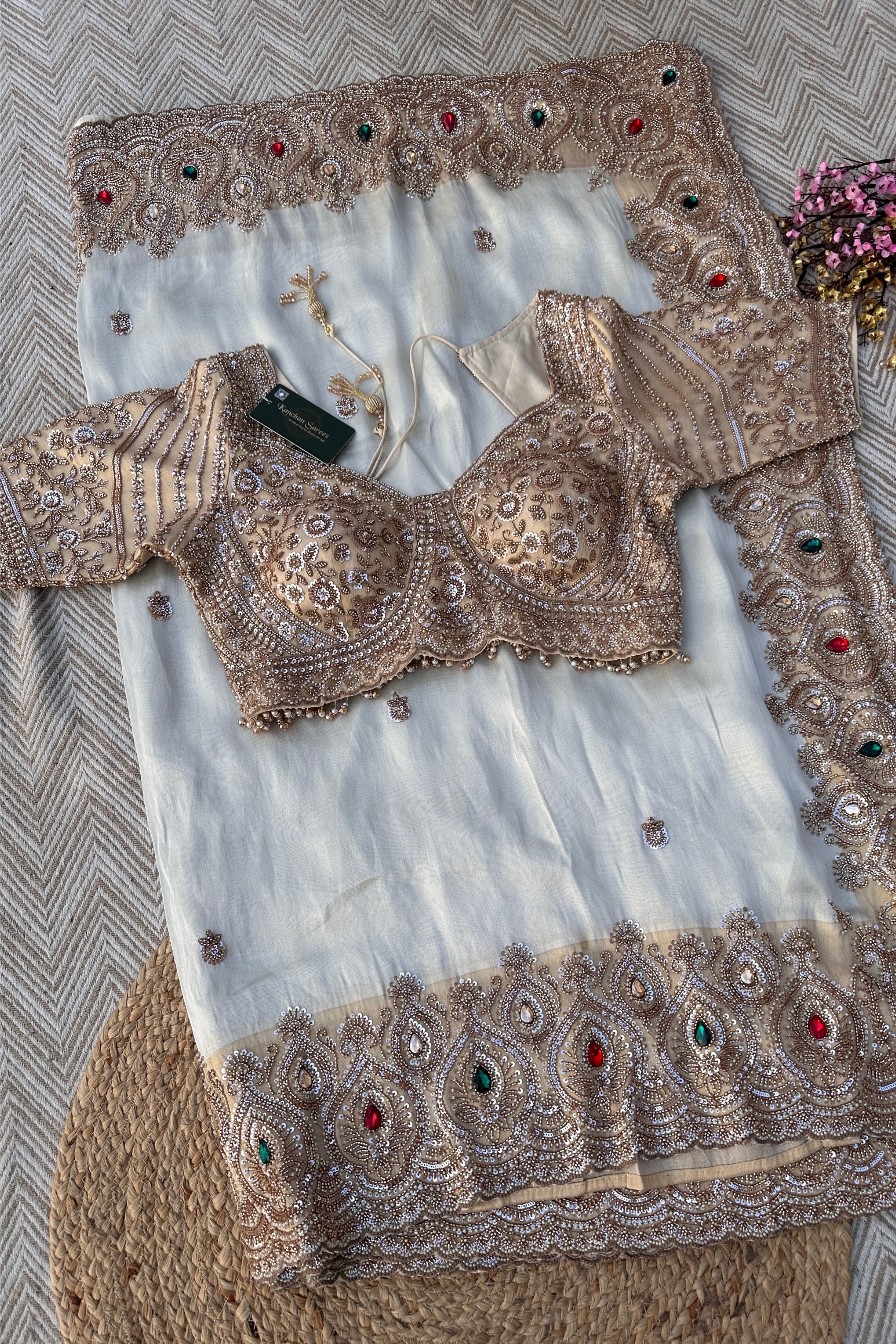 Golden Ivory Tissue Saree Embellished With Sequins, Moti & Cut Dana Work