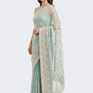 Sky Green Organza Unstitched Saree Embellished With Intricate Handwork