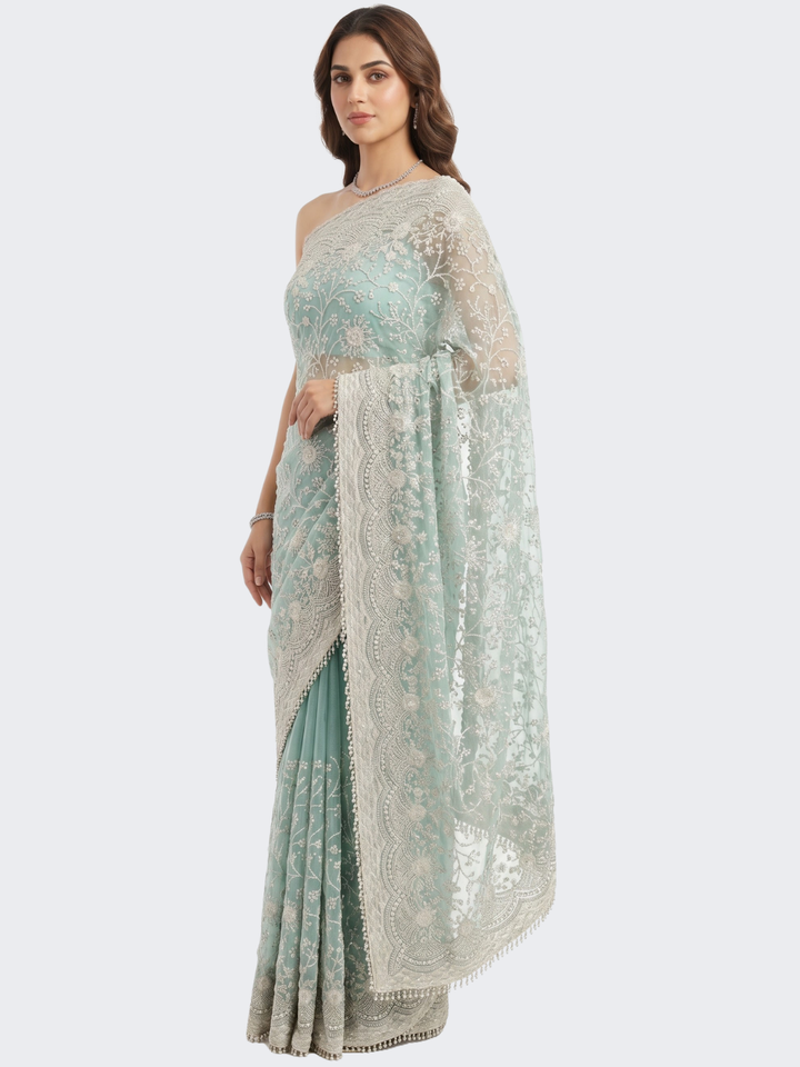 Sky Green Organza Unstitched Saree Embellished With Intricate Handwork
