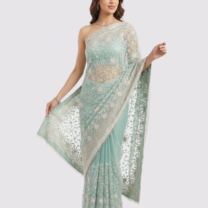 Sky Green Organza Unstitched Saree Embellished With Intricate Handwork