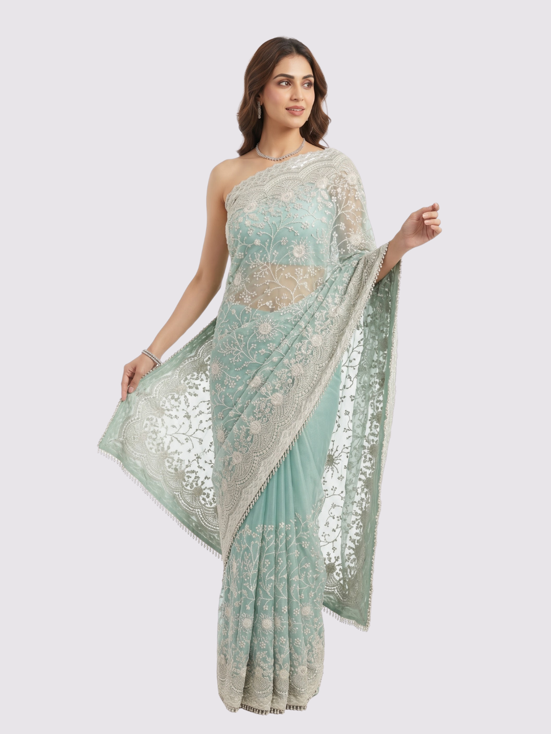 Sky Green Organza Unstitched Saree Embellished With Intricate Handwork