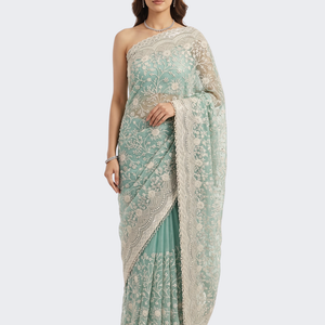 Sky Green Organza Unstitched Saree Embellished With Intricate Handwork