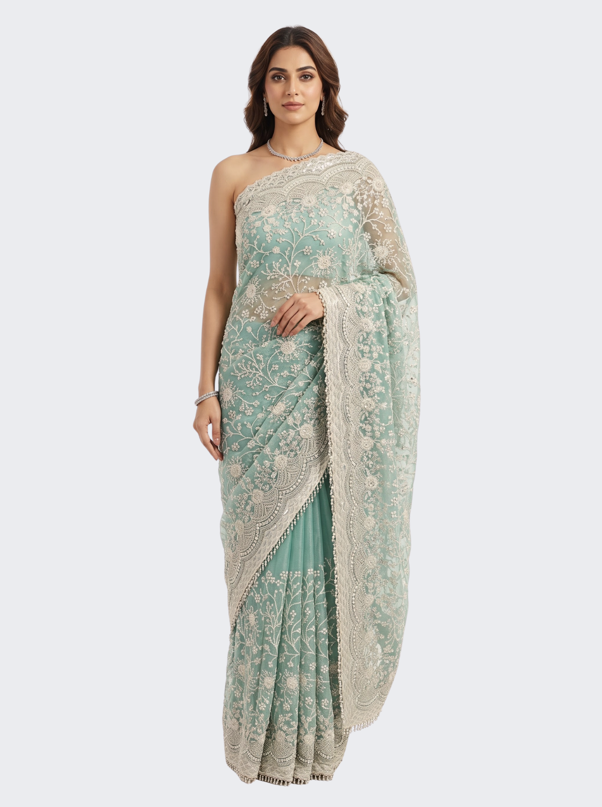 Sky Green Organza Unstitched Saree Embellished With Intricate Handwork