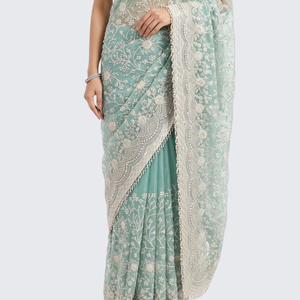Sky Green Organza Unstitched Saree Embellished With Intricate Handwork