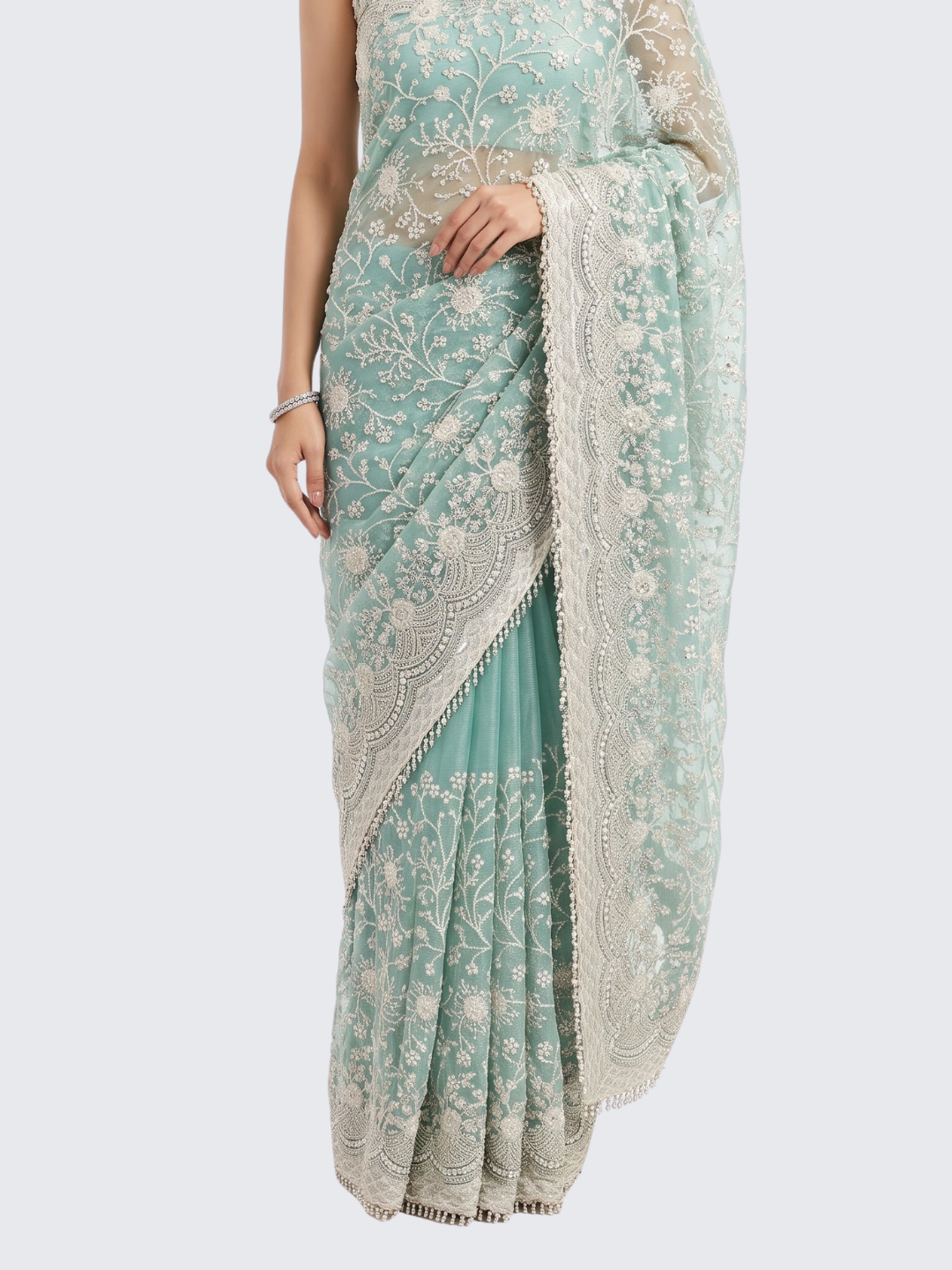 Sky Green Organza Unstitched Saree Embellished With Intricate Handwork
