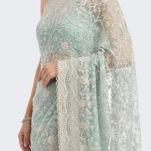 Sky Green Organza Unstitched Saree Embellished With Intricate Handwork