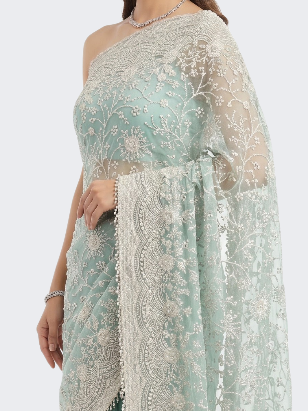 Sky Green Organza Unstitched Saree Embellished With Intricate Handwork