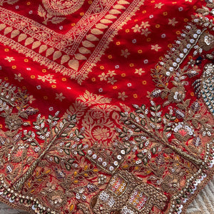 Red Georgette Unstitched Saree Embellished With Zarkan, Sequins, Thread & Cutdana work