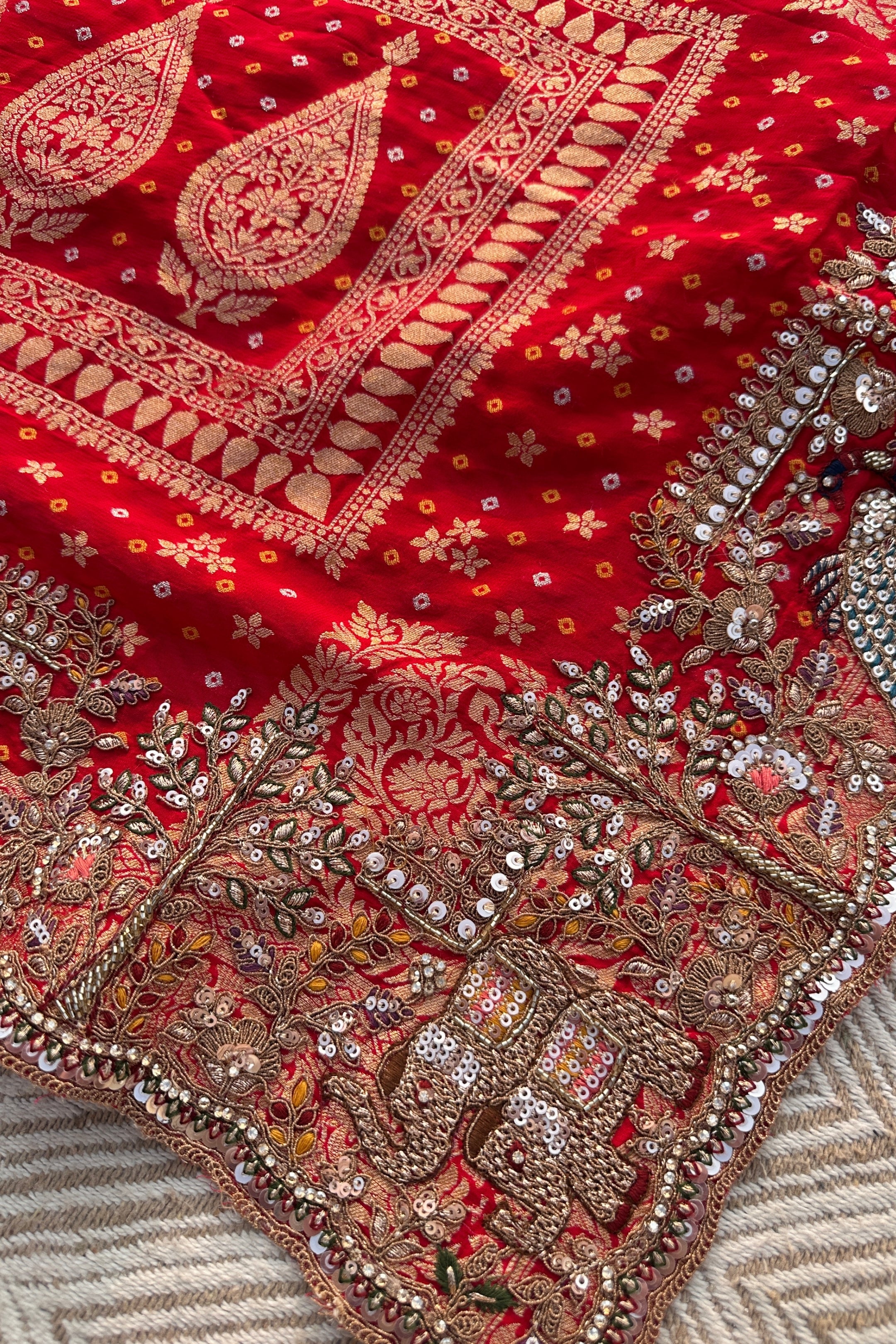 Red Georgette Unstitched Saree Embellished With Zarkan, Sequins, Thread & Cutdana work