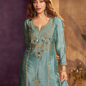 Dusty Teal Blue Chinon Suit, Sharara And Dupatta with Zari, Cutdana, Sequins and Mirror Work