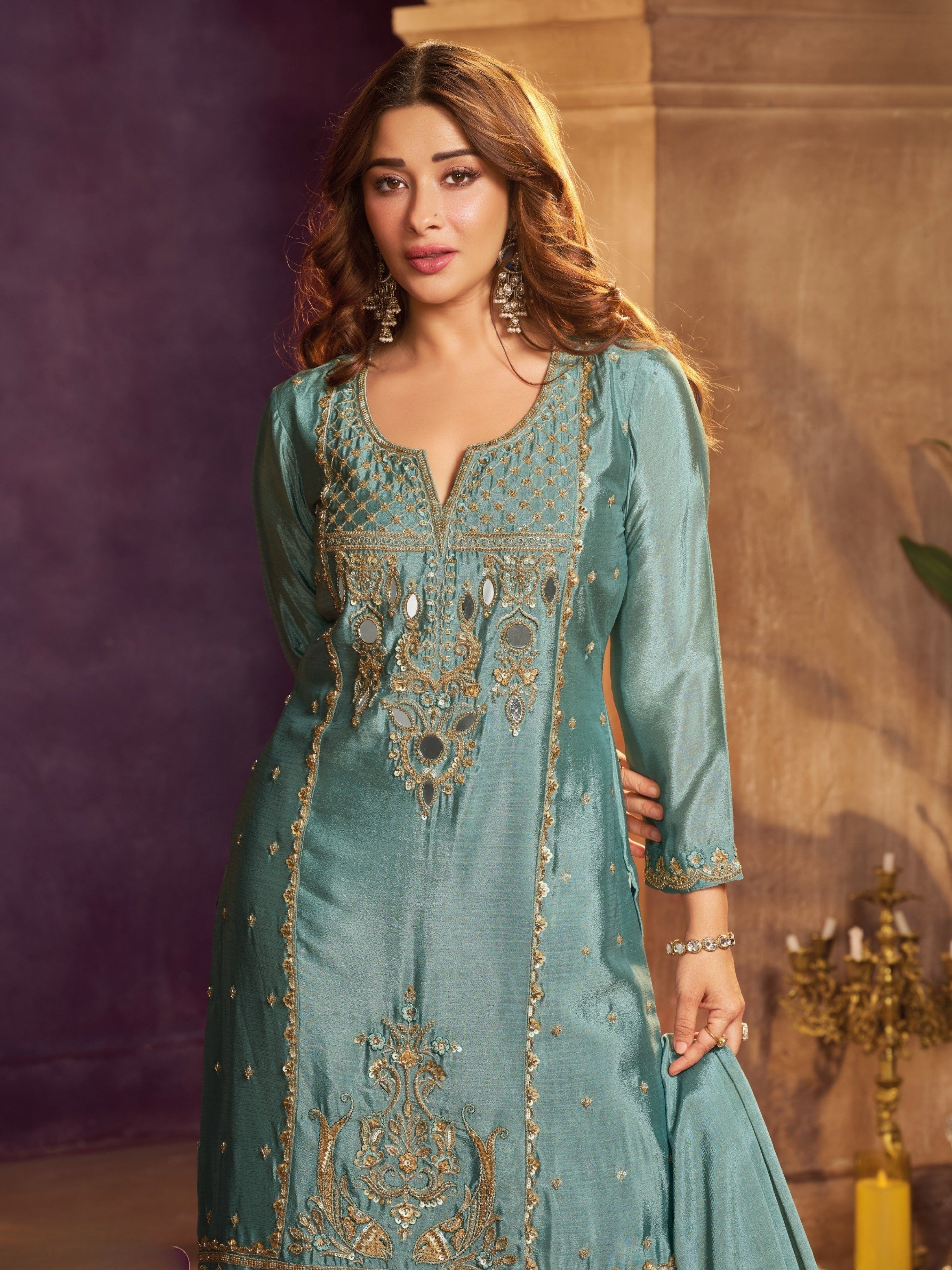 Dusty Teal Blue Chinon Suit, Sharara And Dupatta with Zari, Cutdana, Sequins and Mirror Work