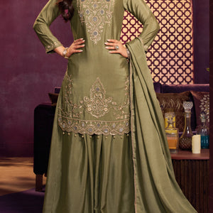 Olive Chinon Suit Embellished With Cutdana, Sequins & Mirror Work