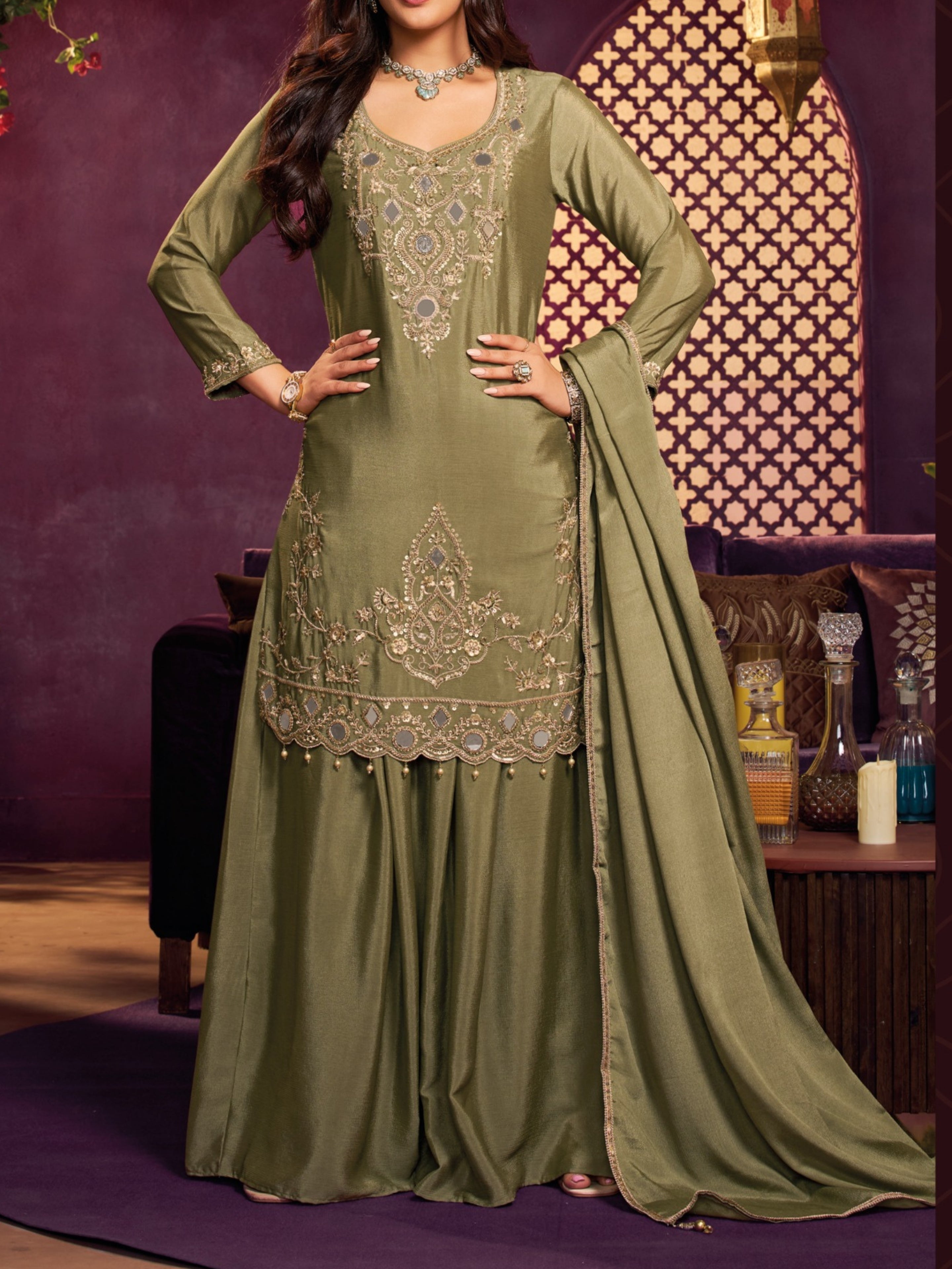 Olive Chinon Suit Embellished With Cutdana, Sequins & Mirror Work