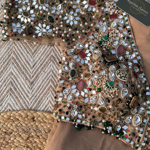 Beige Organza Saree & Net Blouse Embellished With Stone, Moti, Mirror & Kundan Work