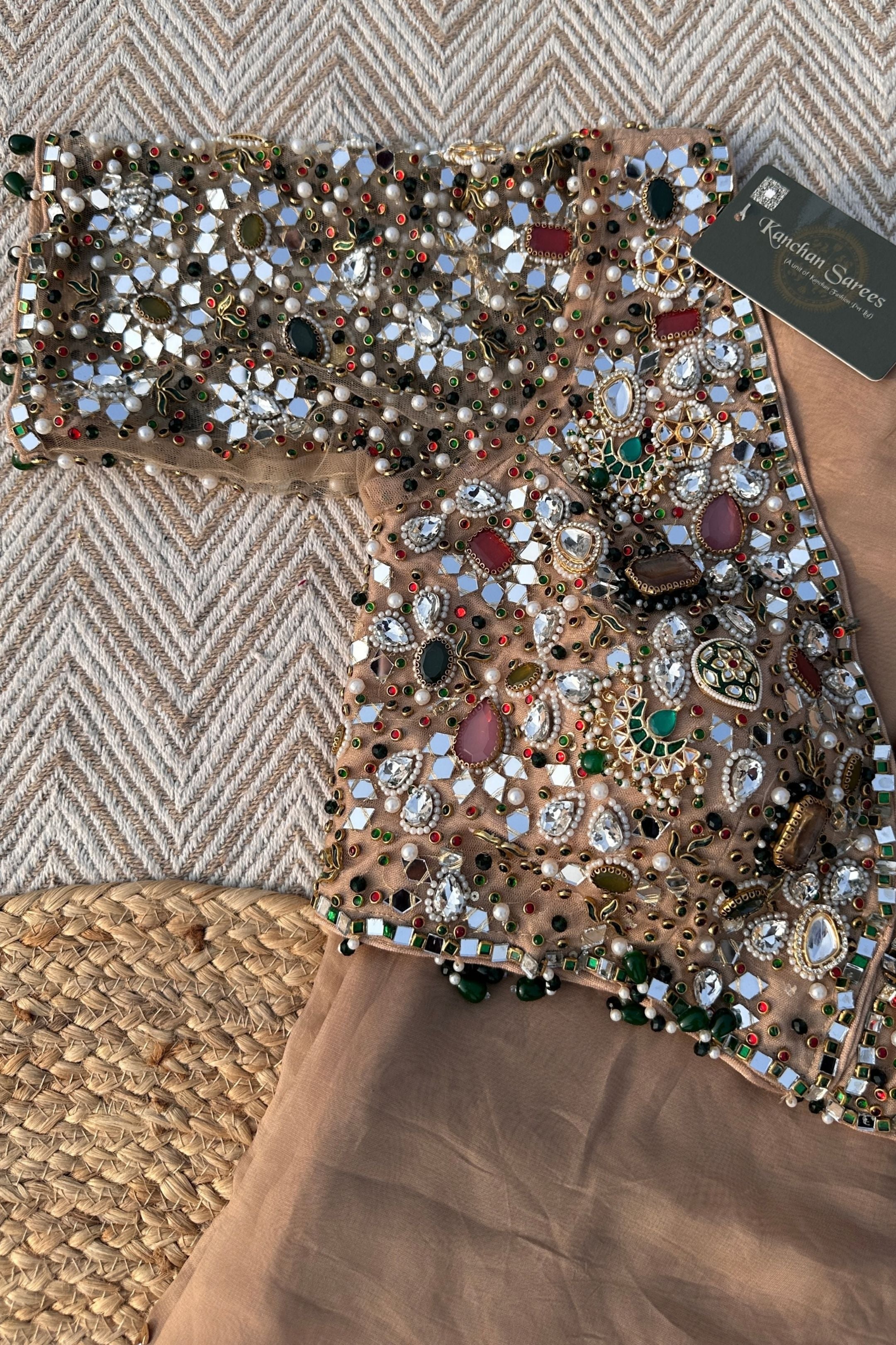 Beige Organza Saree & Net Blouse Embellished With Stone, Moti, Mirror & Kundan Work