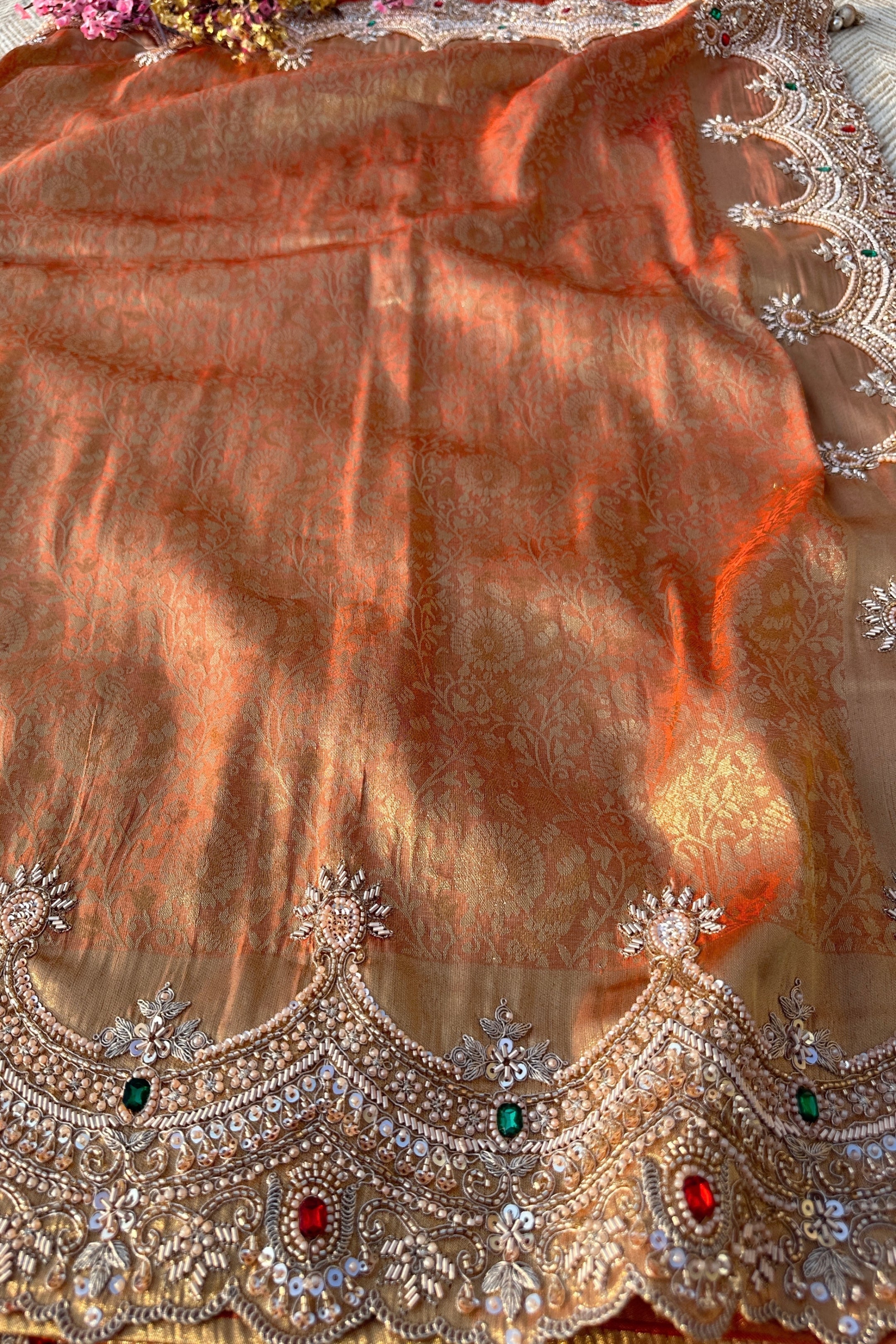 Rust Tissue Unstitched Saree Embellished With Moti, Sequins, Dabka & Cutdana