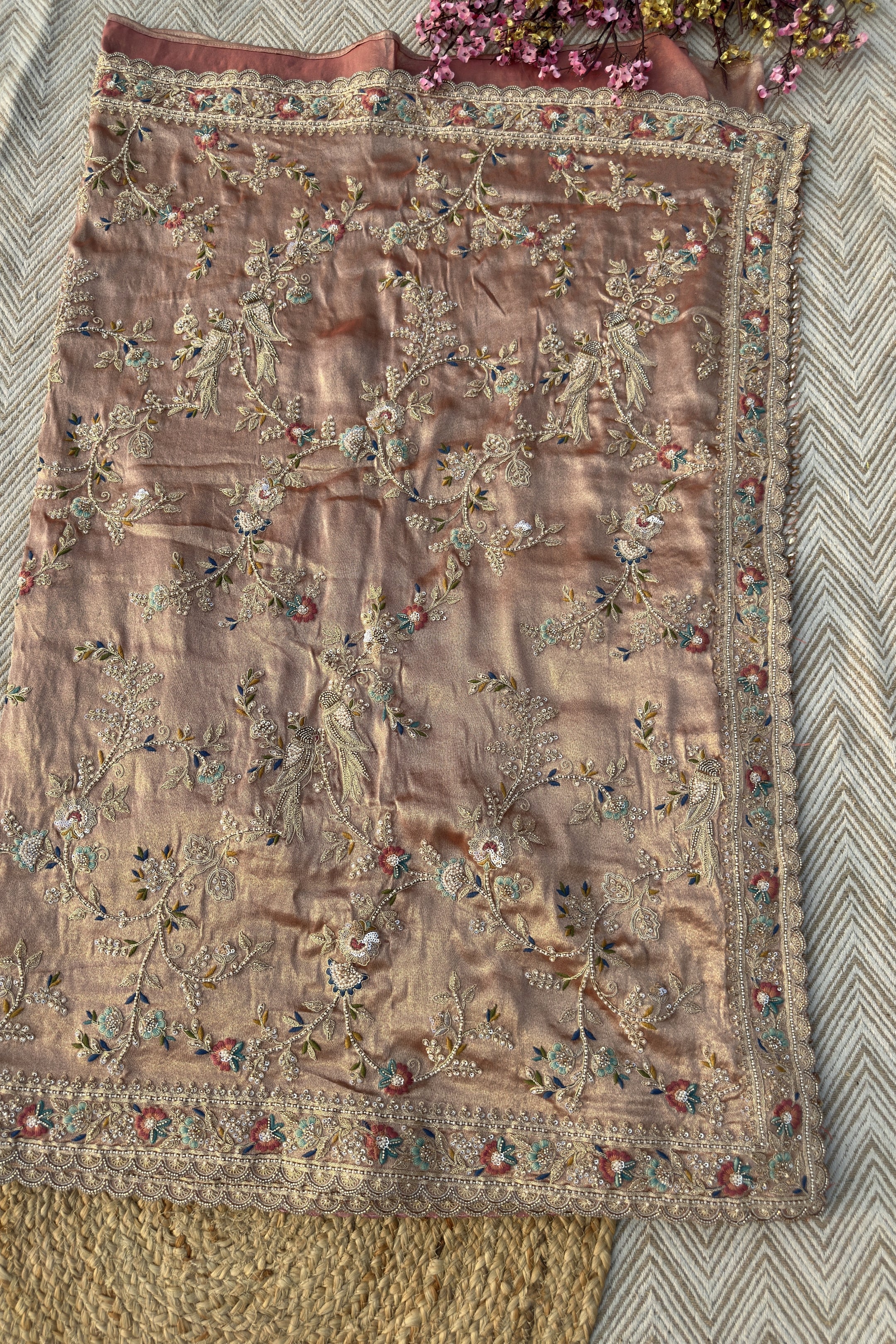Pink Tissue Saree Embellished With Moti, Thread, Sequins & Cut Dana Work