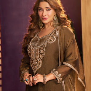 Coffee Tissue Suit, Farshi Salwar And Dupatta with Cutdana, Sequins and Zari Work