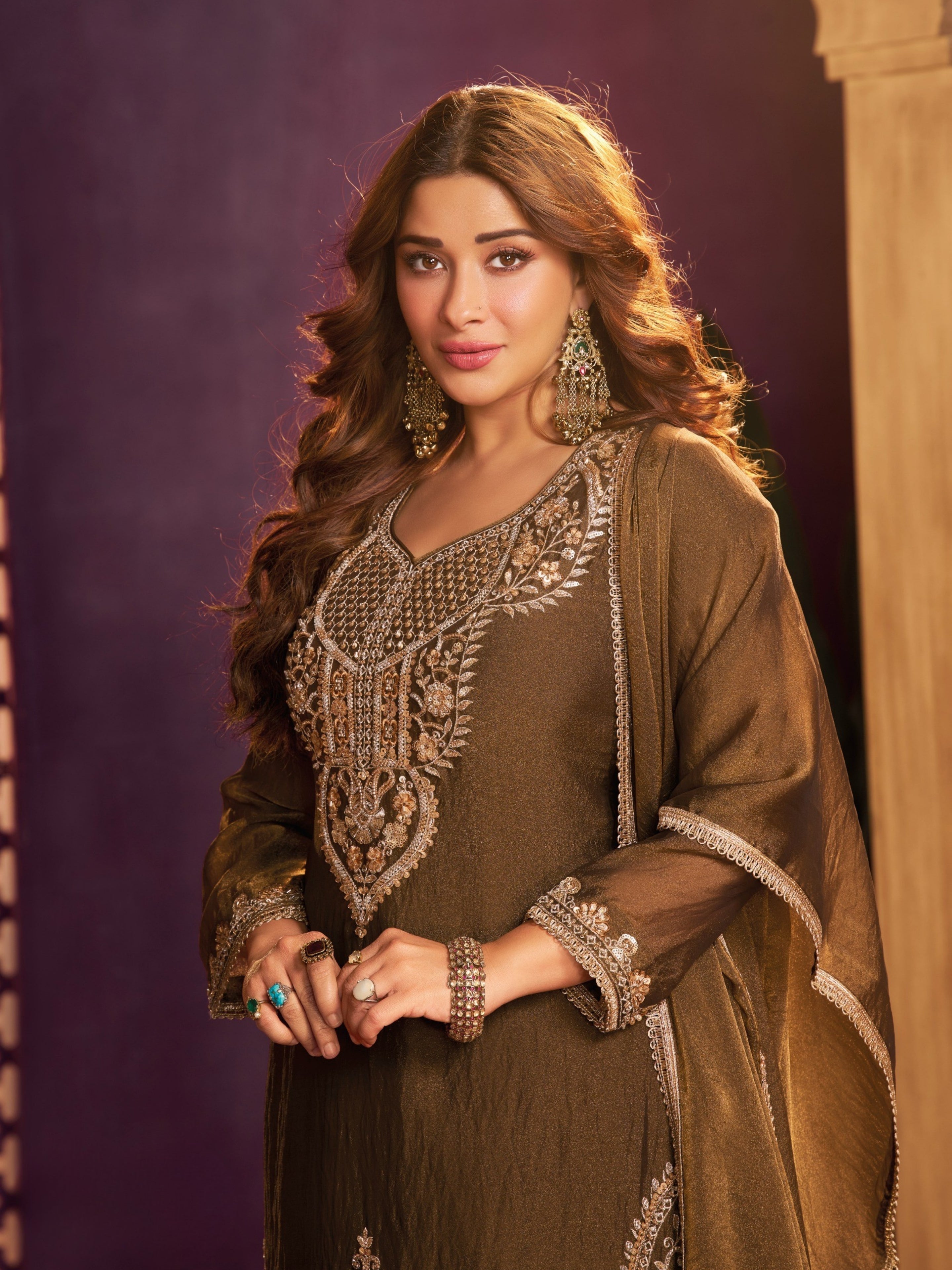 Coffee Tissue Suit, Farshi Salwar And Dupatta with Cutdana, Sequins and Zari Work