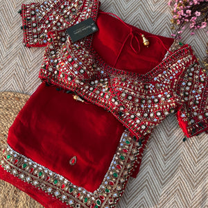 Red Georgette Saree with Raw Silk Blouse with Sequins, Mirror, Stone and Kundan Embroidery 1