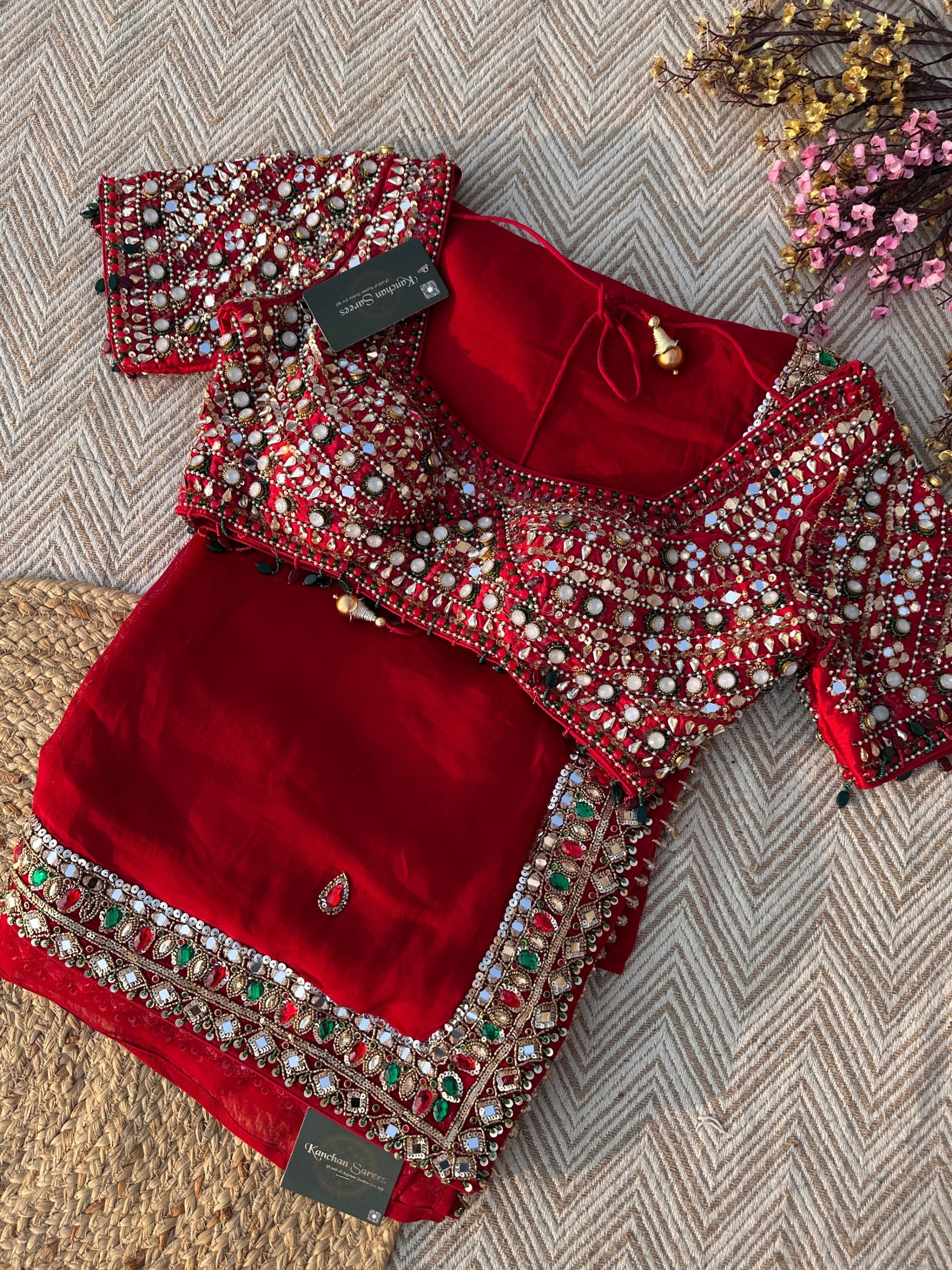 Red Georgette Saree with Raw Silk Blouse with Sequins, Mirror, Stone and Kundan Embroidery 1