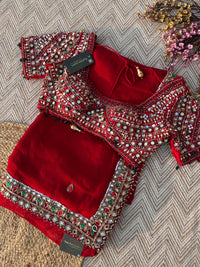 Red Georgette Saree with Raw Silk Blouse with Sequins, Mirror, Stone and Kundan Embroidery