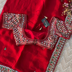 Red Georgette Saree with Raw Silk Blouse with Sequins, Mirror, Stone and Kundan Embroidery 10