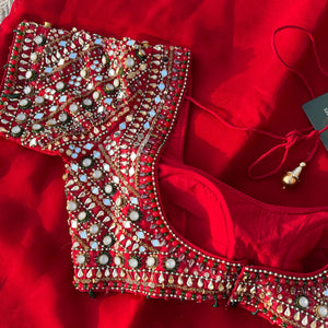 Red Georgette Saree with Raw Silk Blouse with Sequins, Mirror, Stone and Kundan Embroidery 11
