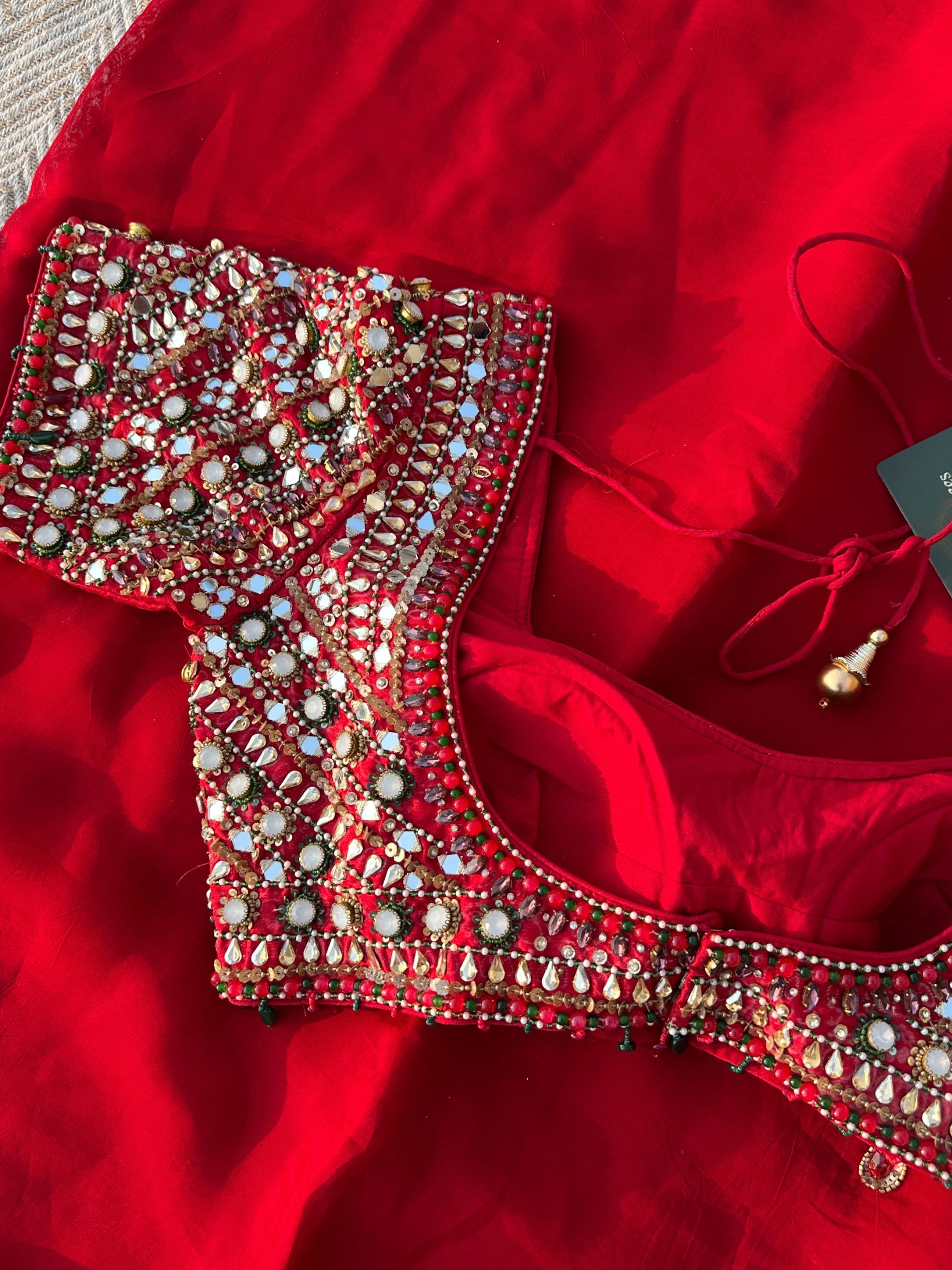 Red Georgette Saree with Raw Silk Blouse with Sequins, Mirror, Stone and Kundan Embroidery 11