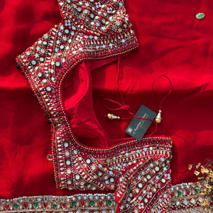 Red Georgette Saree with Raw Silk Blouse with Sequins, Mirror, Stone and Kundan Embroidery 12