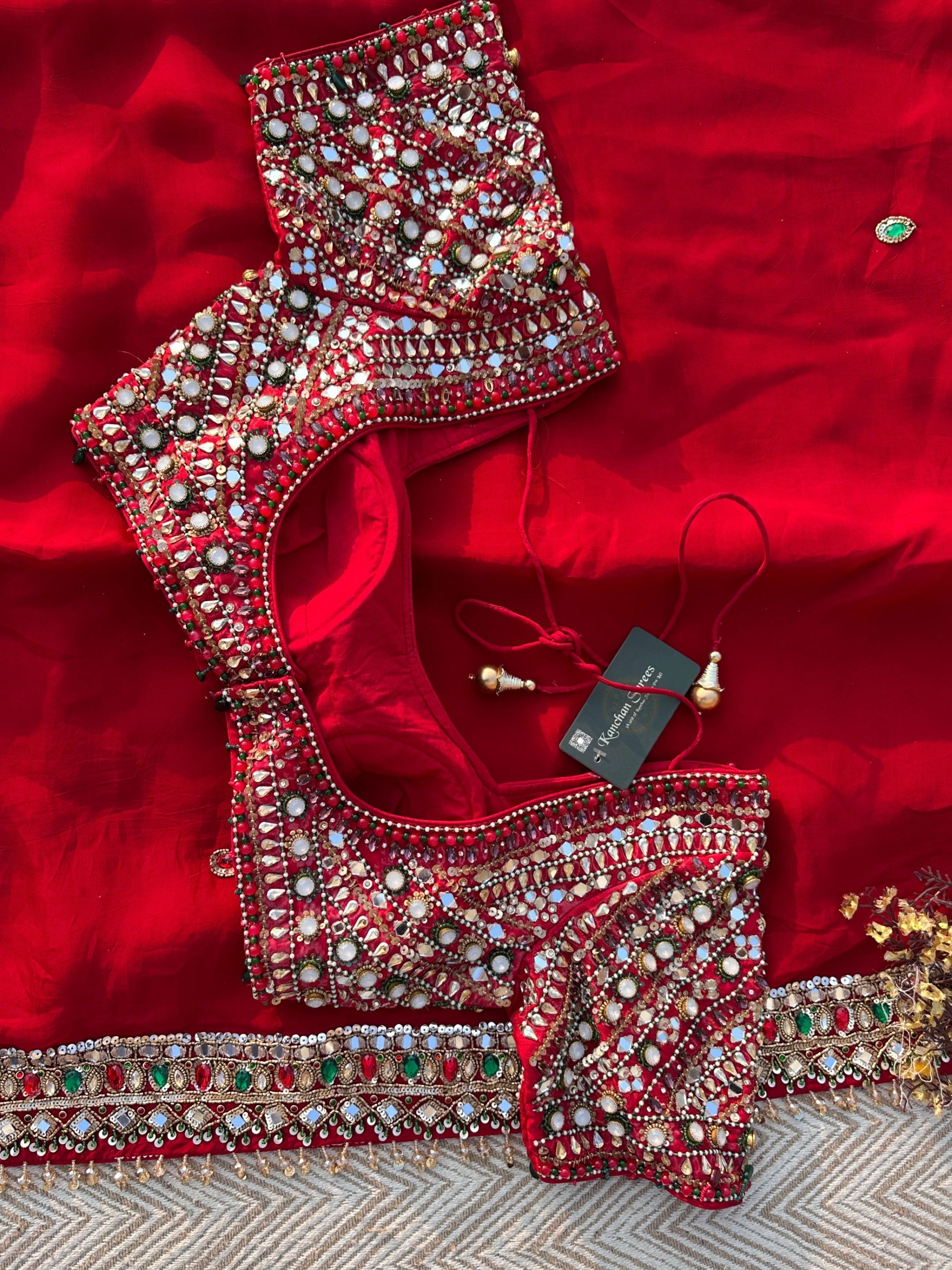 Red Georgette Saree with Raw Silk Blouse with Sequins, Mirror, Stone and Kundan Embroidery 12