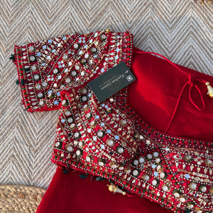 Red Georgette Saree with Raw Silk Blouse with Sequins, Mirror, Stone and Kundan Embroidery 2