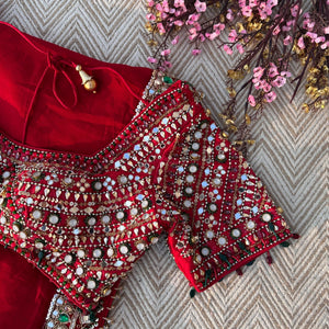 Red Georgette Saree with Raw Silk Blouse with Sequins, Mirror, Stone and Kundan Embroidery 3