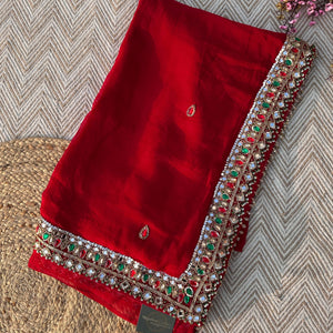 Red Georgette Saree with Raw Silk Blouse with Sequins, Mirror, Stone and Kundan Embroidery 4