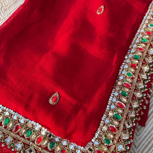Red Georgette Saree with Raw Silk Blouse with Sequins, Mirror, Stone and Kundan Embroidery 5